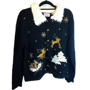Vintage Basic Editions Holiday Beaded Christmas Cardigan Sweater Size XL